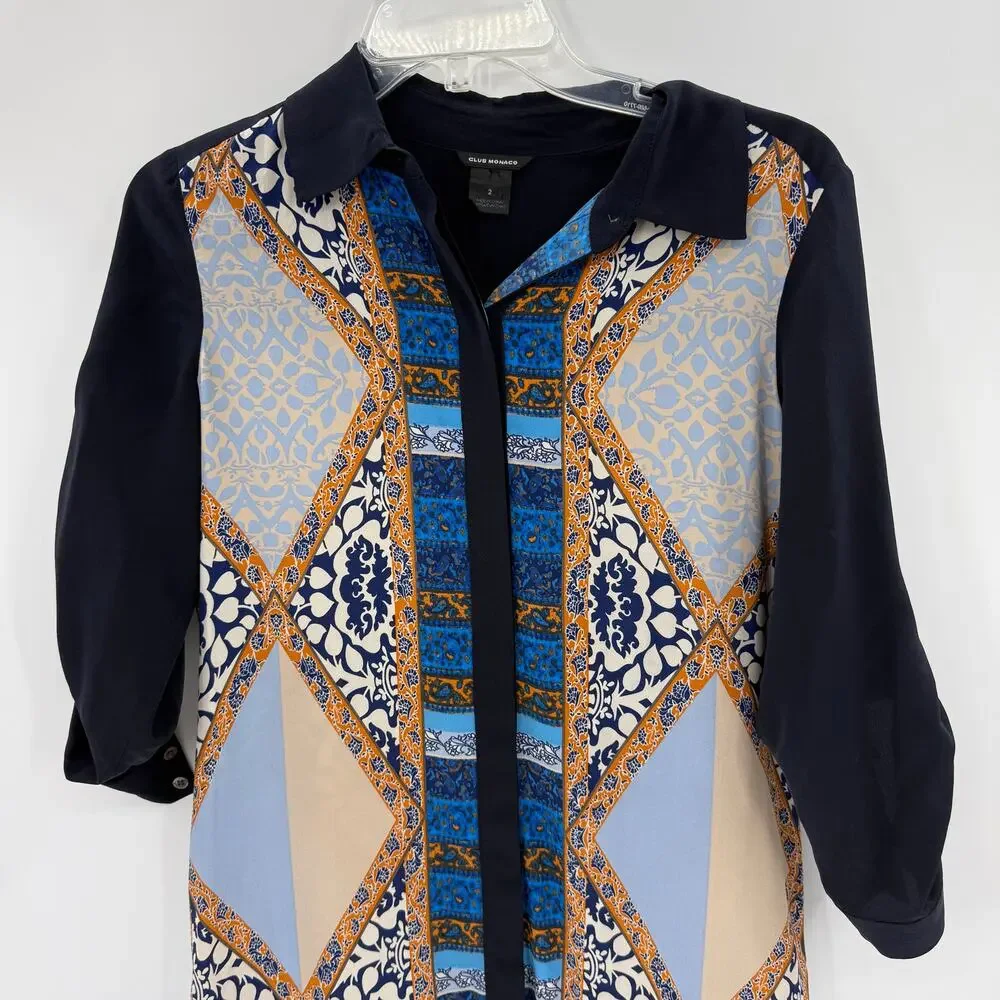 CLUB MONACO Silk Tunic Shirt Womens Size 2 Roll-Tab Sleeve Button Front Artsy - Picture 2 of 9